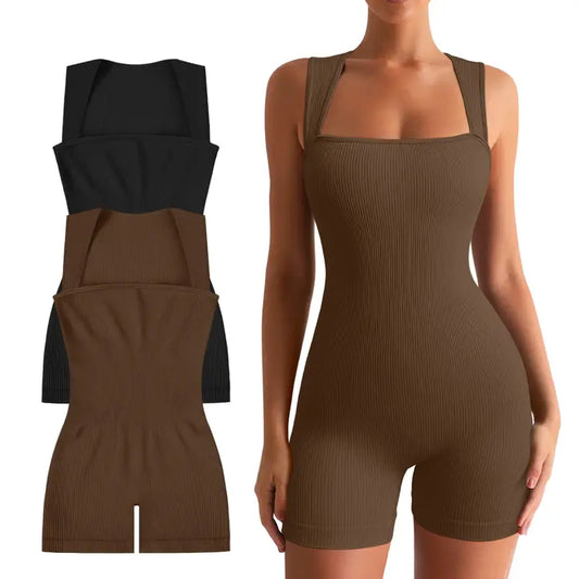 Dames geribbelde vierkante hals stretch shorts jumpsuit