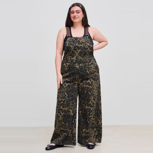 Dames Jumpsuit Met Wijde Pijpen En Luipaardprint En Gespen