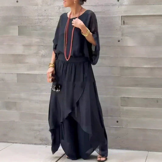 Losse top en wijde broek met split, chiffon 2-delige set