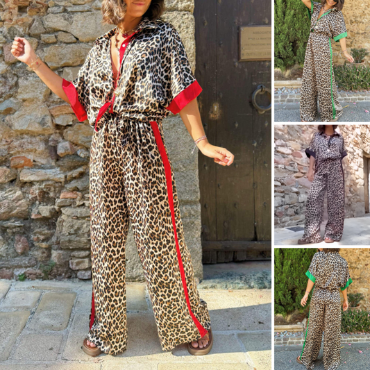 💗50% korting voor een beperkte tijd💗Dames Luipaardprint Tweedelige Set: Knoopsluiting Blouse en Wijde Broek