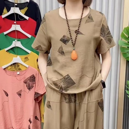 💖Naisten painokuvioinen T-paita & Cropped-housut -setti