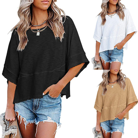 ⏰🎁Effen gekleurd losse patchwork T-shirt met vijf punten uitlopende mouwen