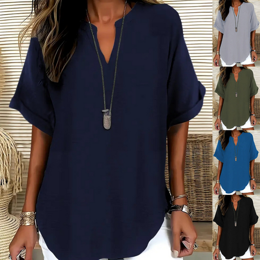 👕 50% KORTING! 🌸 Losvallende effen top met korte mouwen – Lichte stof, relaxte pasvorm & veelzijdig