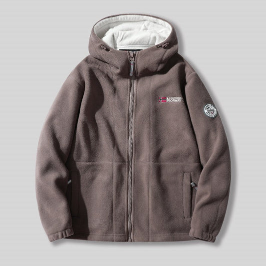 Heren jas met capuchon, dubbelzijdig, van imitatie fleece