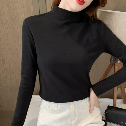 Dames Comfortabele Effen Kleur Halfhoge Hals Lange Mouw Top