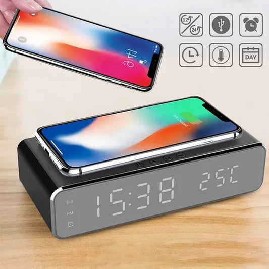 LED Slimme Digitale Alarmklok met Draadloze Oplader, Thermometer en Tijd