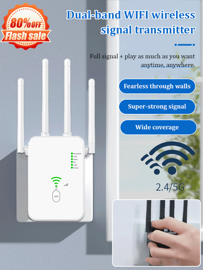 Dual-Band WiFi Booster – 1200Mbps, 4 Antennes & Door-Muur Dekking (Plug & Play, Gaming Vast!)