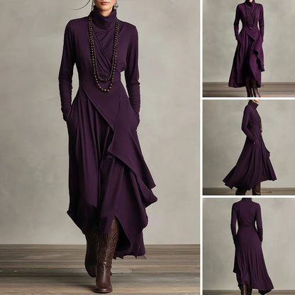 🎅 Kerst uitverkoop – 58% korting! 🎉 Elegante Asymmetrische Maxijurk met Hoge Kraag voor Dames 💜👗