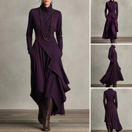 🎅 Kerst uitverkoop – 58% korting! 🎉 Elegante Asymmetrische Maxijurk met Hoge Kraag voor Dames 💜👗