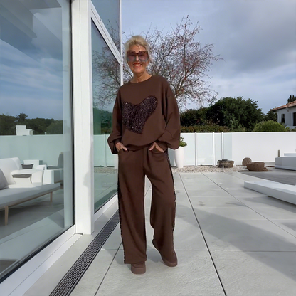 🎁Welkom Kerstmis met 50% korting!💥2-delige set van top en broek met paillettenharten voor dames