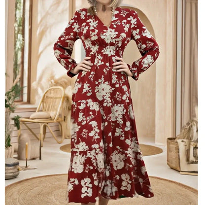 Maxi-jurk met V-hals, getailleerde taille, bloemenprint en lange mouwe