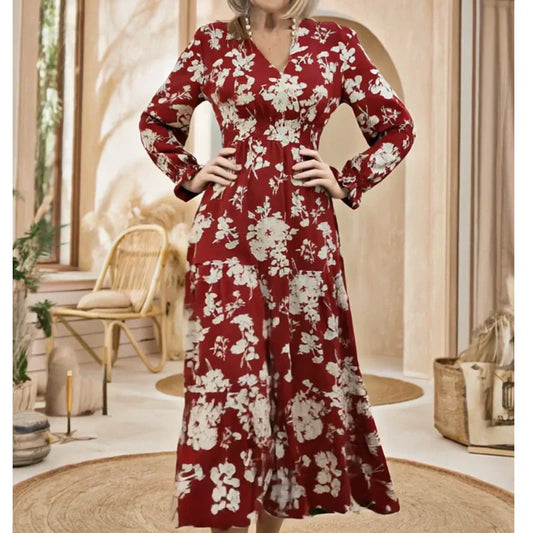 Maxi-jurk met V-hals, getailleerde taille, bloemenprint en lange mouwe