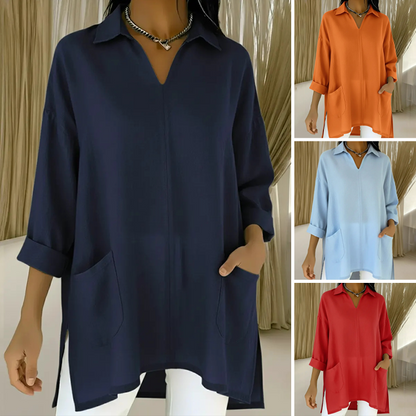 Women's Lapel V-Neck Tunic Top with Pockets