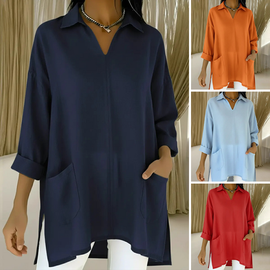 Women's Lapel V-Neck Tunic Top with Pockets