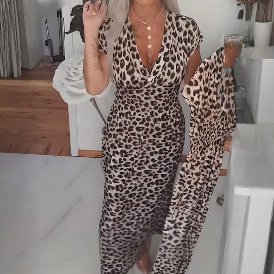 👗Nieuw binnen 40% KORTING!🥰Damesjurk met V-hals en luipaardprin