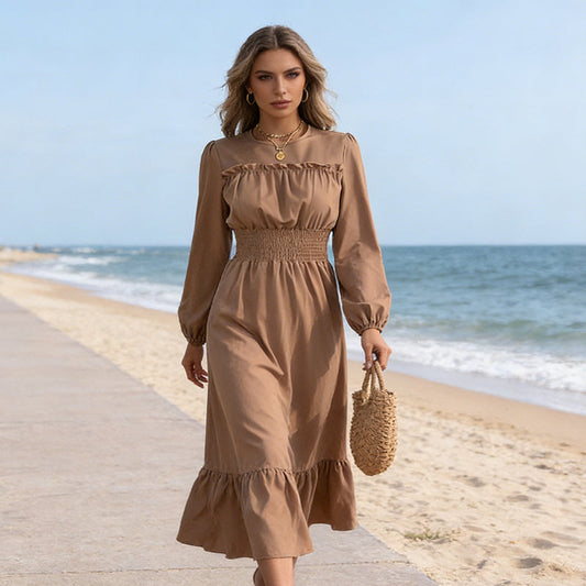 👗✨ Damesmaxi-jurk met lange mouwen – gesmokt bovenstuk & ruches, elegant voor dagelijks gebruik en speciale gelegenhede