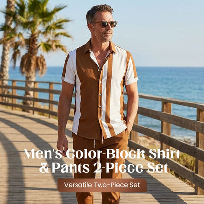 Tweedelige set voor heren met shirt en broek in kleurblokke