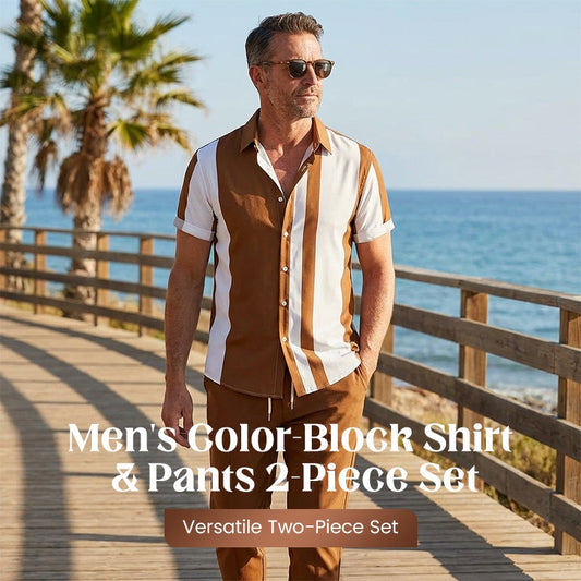 Tweedelige set voor heren met shirt en broek in kleurblokke