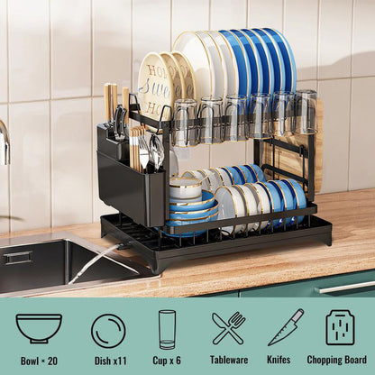 🌞Fris De Lente In Met 50% Korting!🔥Premium 2-Laags Vaatdroogrek met 360° Waterafvoer | Ruimtebesparend Zwart Afdruiprek inclusief Lekbak & Bestekhouder