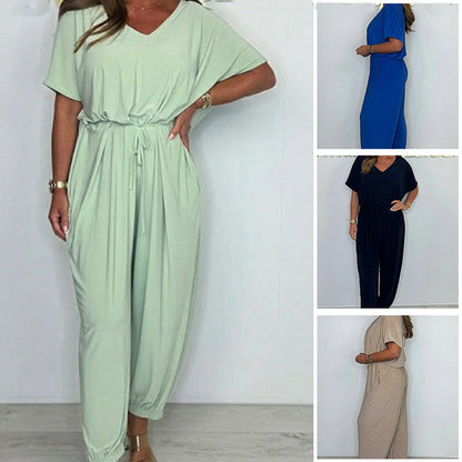 Effen gekleurde jumpsuit met V-hals en losse taille