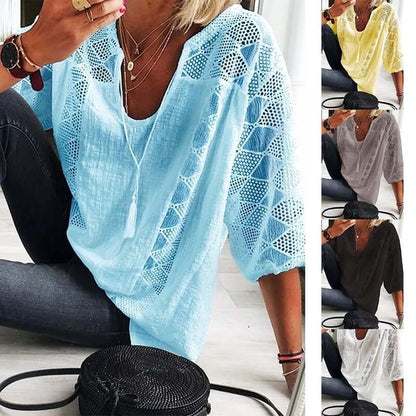 Dames u-neck blouse met mouwen-buy 2 gratis verzending