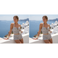 Gestreepte halter-tankini voor dames, 2-delige set