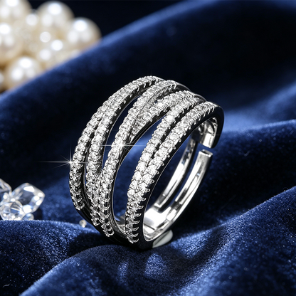 💫 50% KORTING! 💥 Verstelbare ring met gekruiste rijen – Schitterende zirkonia-steentjes, open band en spiegelafwerking – Ideaal voor dagelijks gebruik, op kantoor en voor feestjes