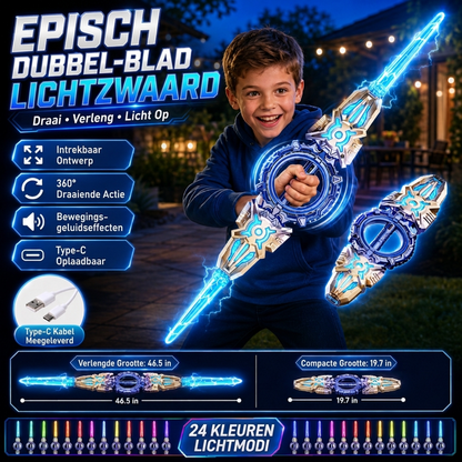 🥳2026 HOT SALE🥳💞50K+ VERKOCHT! ⚔️✨ 50% KORTING! Oplaadbaar Dubbelbladig Lichtgevend Zwaard – 360° draaien, uitschuifbaar, 24 lichtstanden, bewegingsgeluiden, USB-C. Een episch cadeau voor kinderen vanaf 6 jaar! 🎁💪