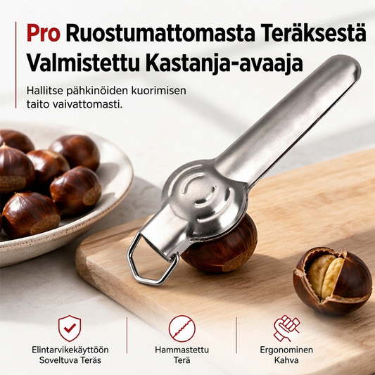 Ruostumattomasta teräksestä valmistettu pähkinänsärkijä ja kastanjankuorintatyökalu