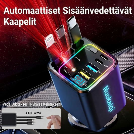 🔋📱 Pikalataus 7-in-1 sisäänvedettävä nopea autolaturi jännitenäytöllä – USB-C Androidille & Lighting APPLElle